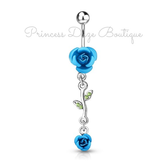 Aqua Rose Dangle Belly‎ Button Ring - Picture 1 of 1